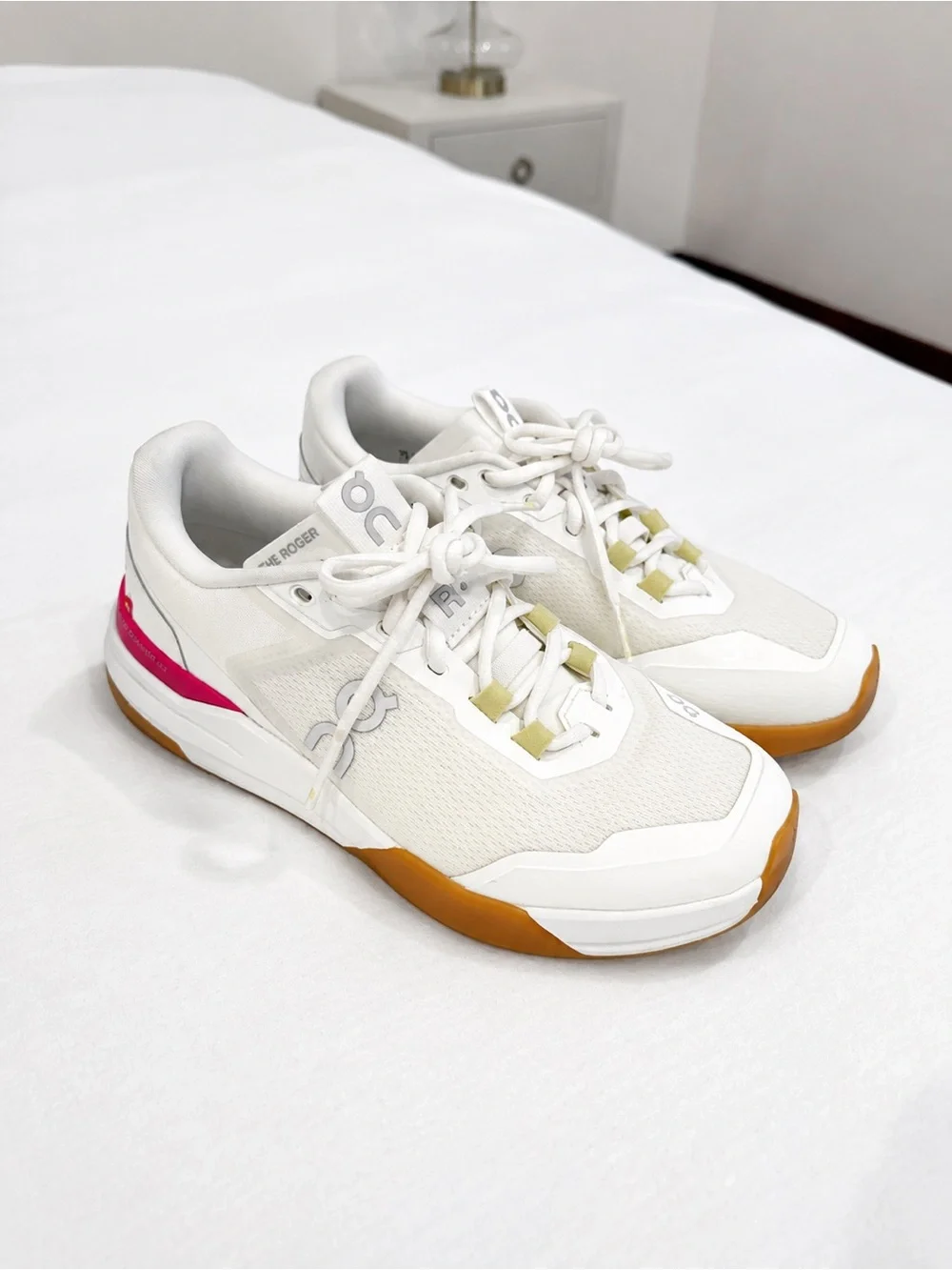 On Women's White Mesh Sneakers with Pink Accent and Gum Sole